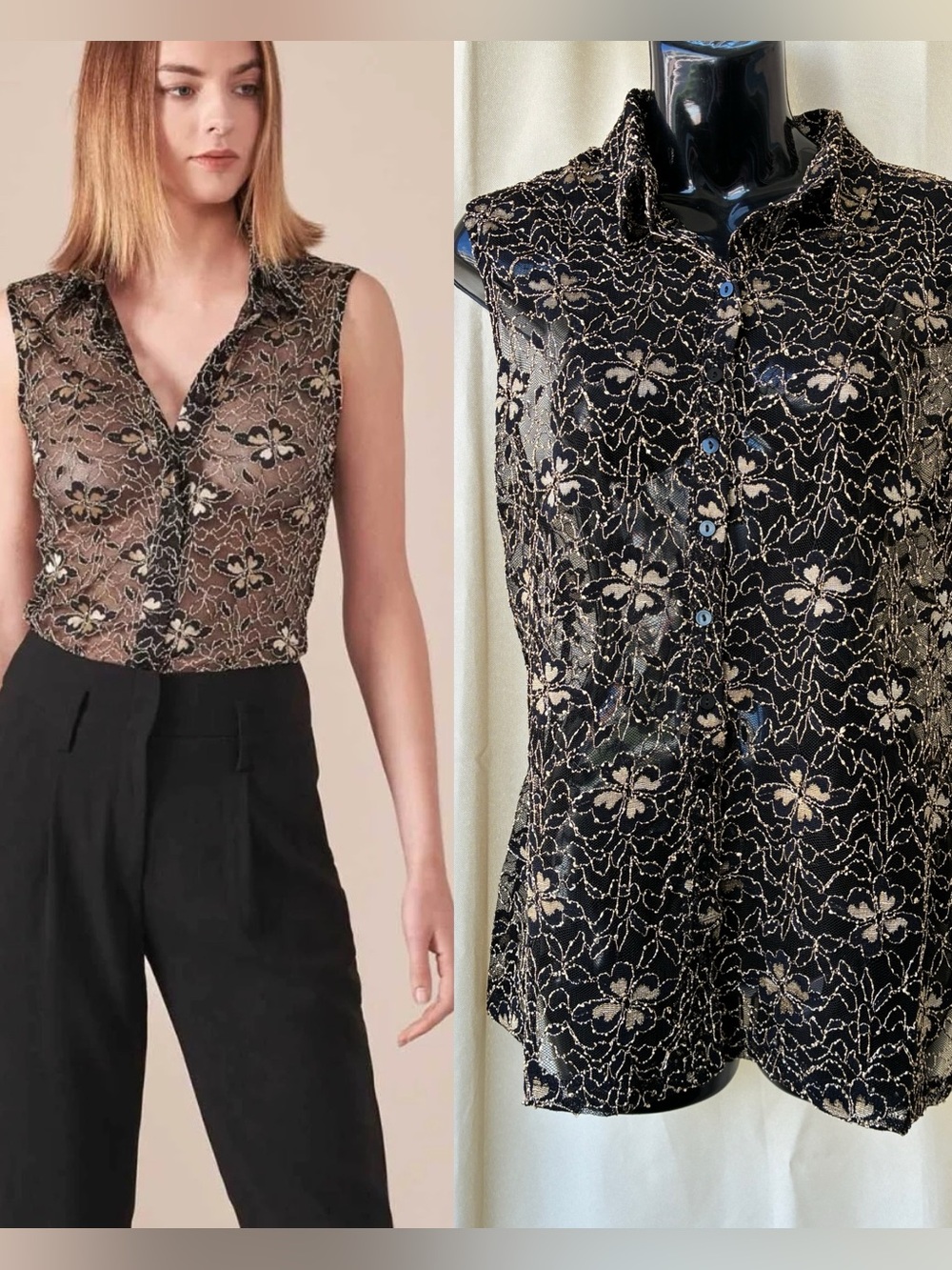 NWT Anne Fontaine Black & Gold Sheer Lace Sleeveless Laura Top Size 46 US XL